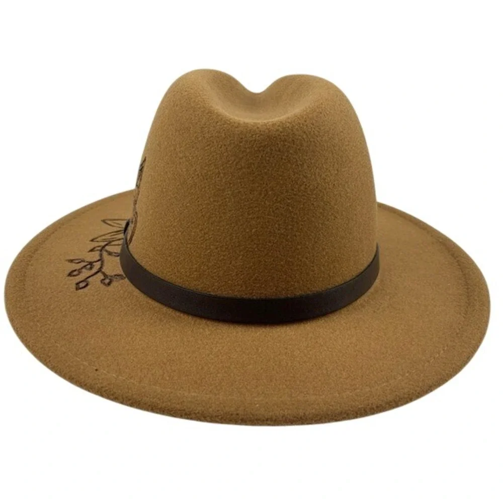 Fedora Hat Burned Sunflower Design Tan Wide-Brimmed Poly/Wool Blend‎ One Size - Picture 4 of 11